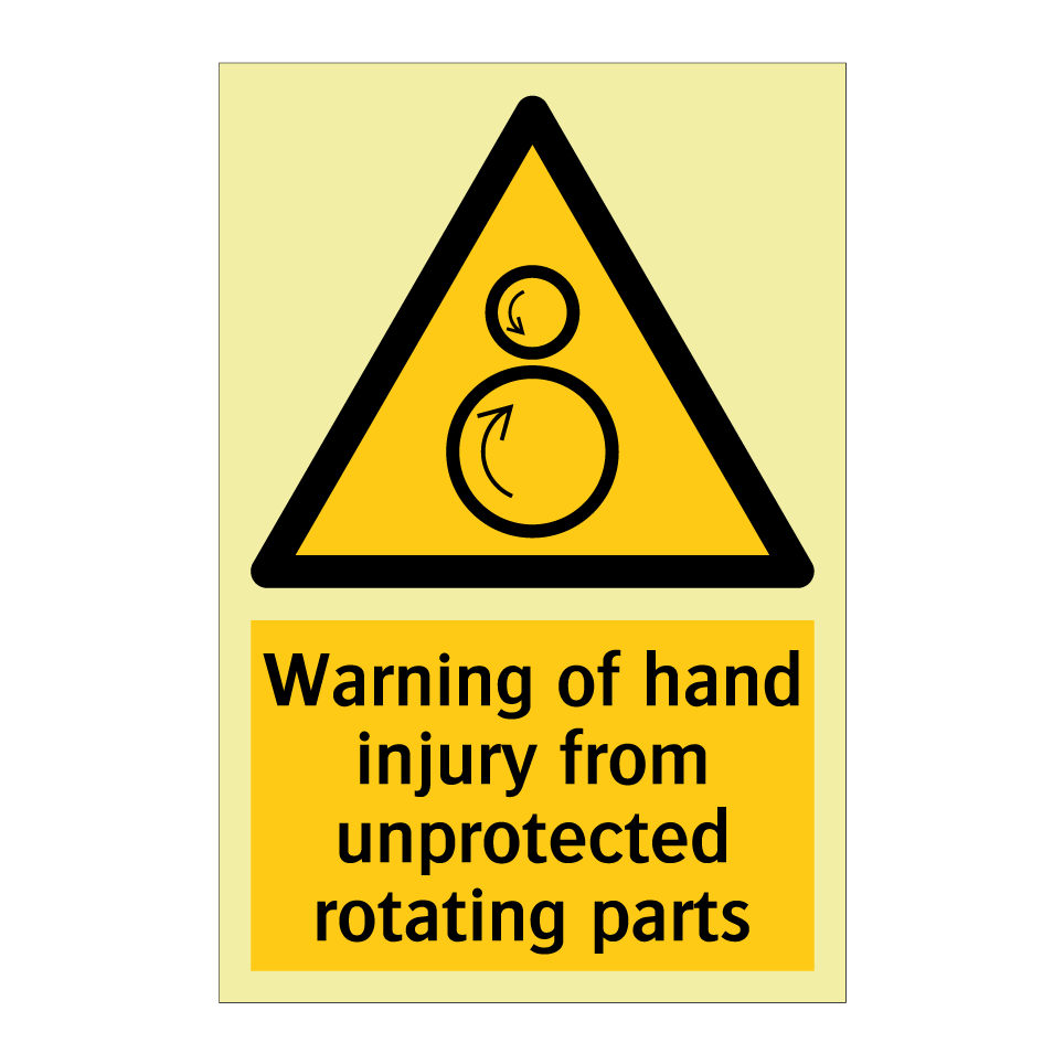 Warning of hand injury from unprotected rotating parts