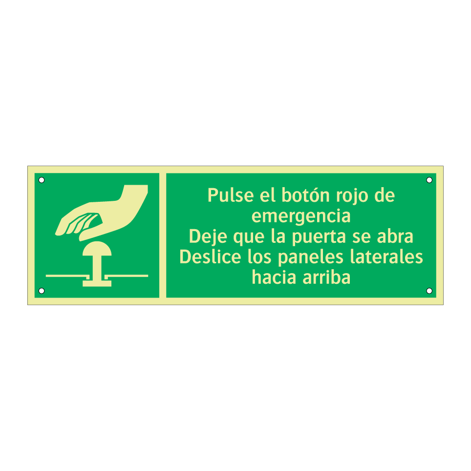 Pulse el botón rojo de emergencia Deje que la puerta se abra Deslice los paneles laterales hacia arriba