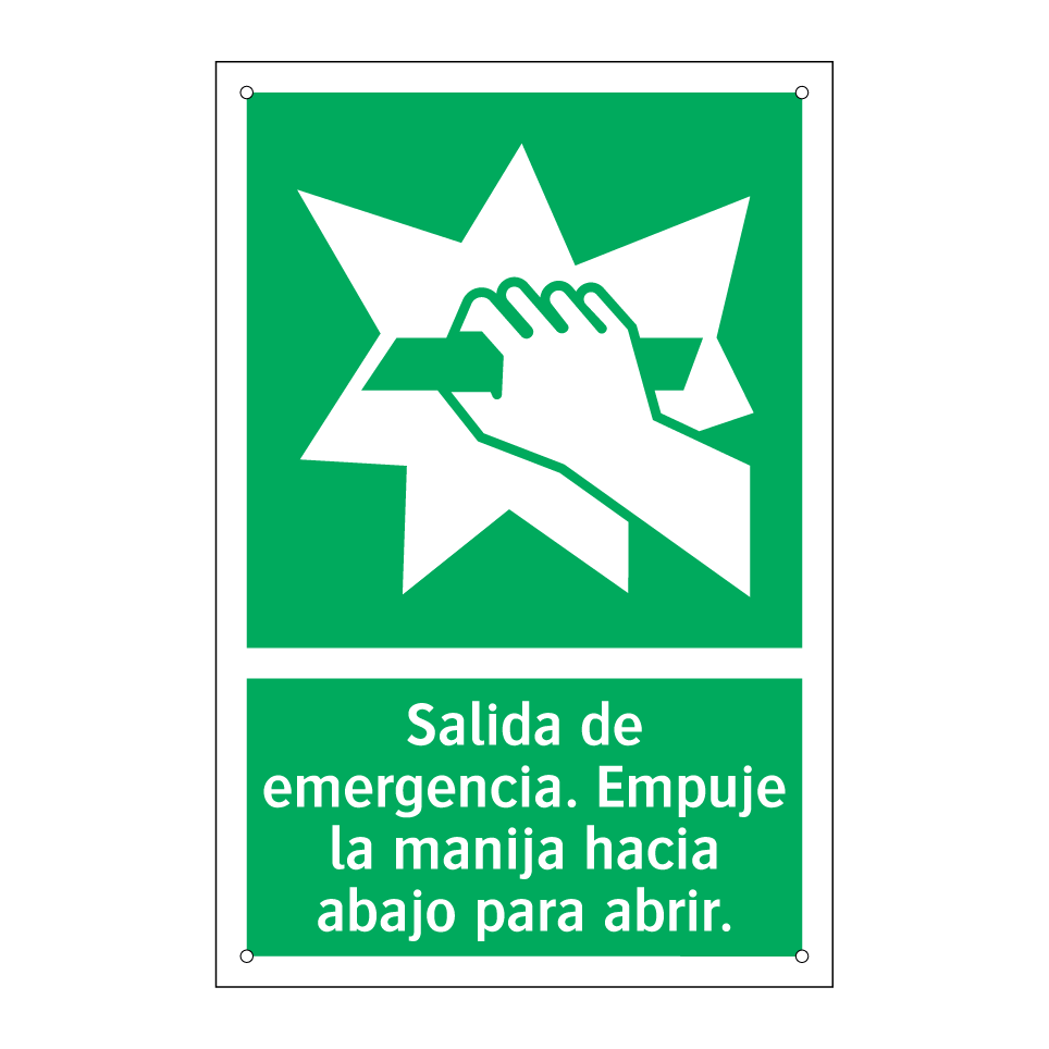 Salida de emergencia. Empuje la manija hacia abajo para abrir.
