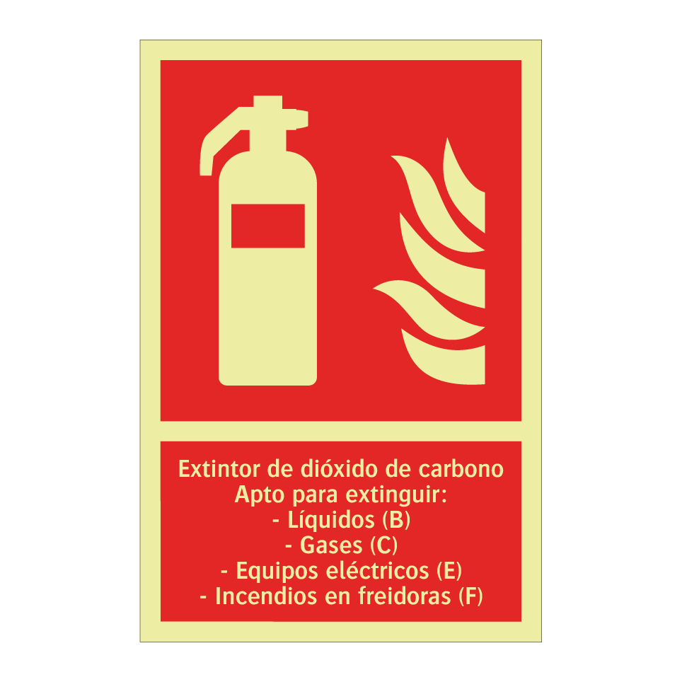 Extintor de dióxido de carbono Apto para extinguir: - Líquidos (B) - Gases (C) - Equipos eléctricos (E) - Incendios en freidoras (F)