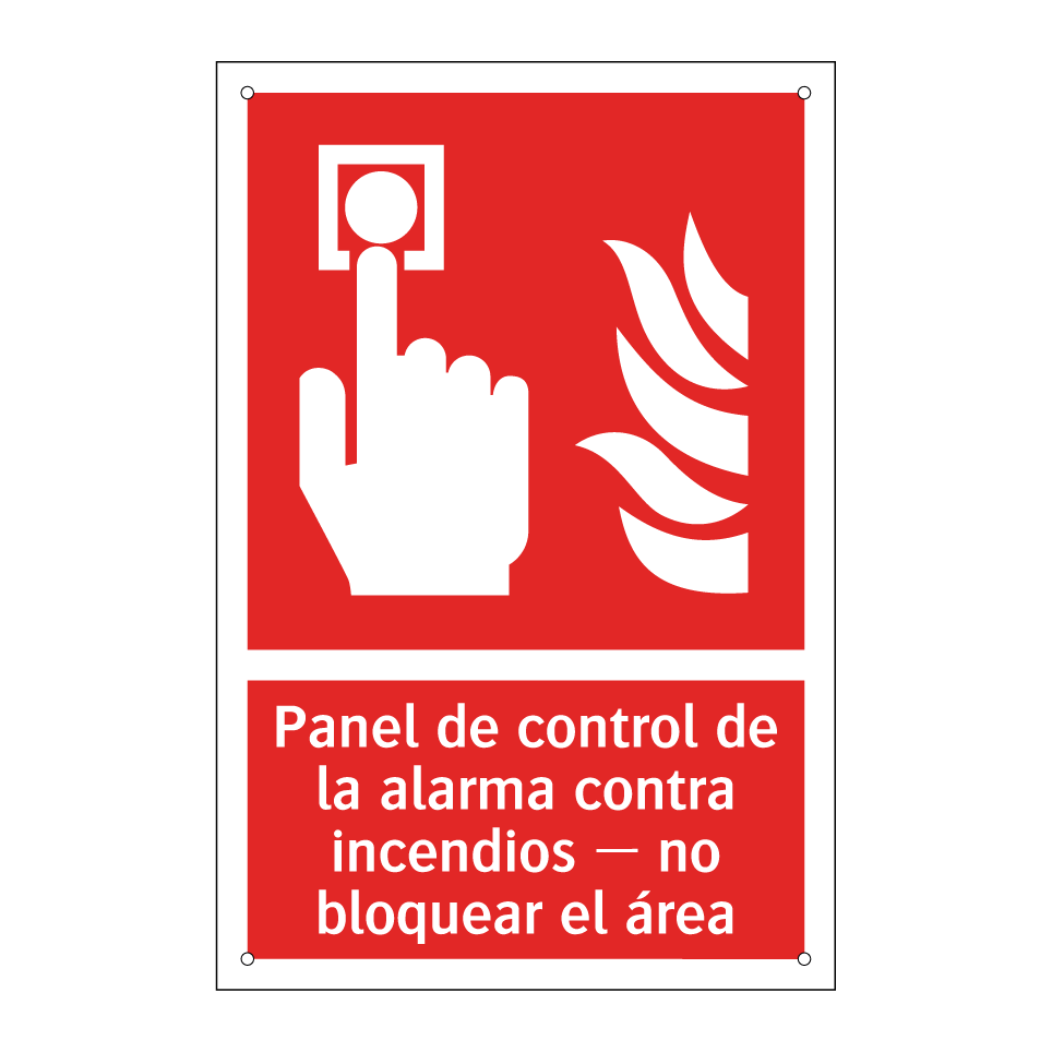 Panel de control de la alarma contra incendios — no bloquear el área