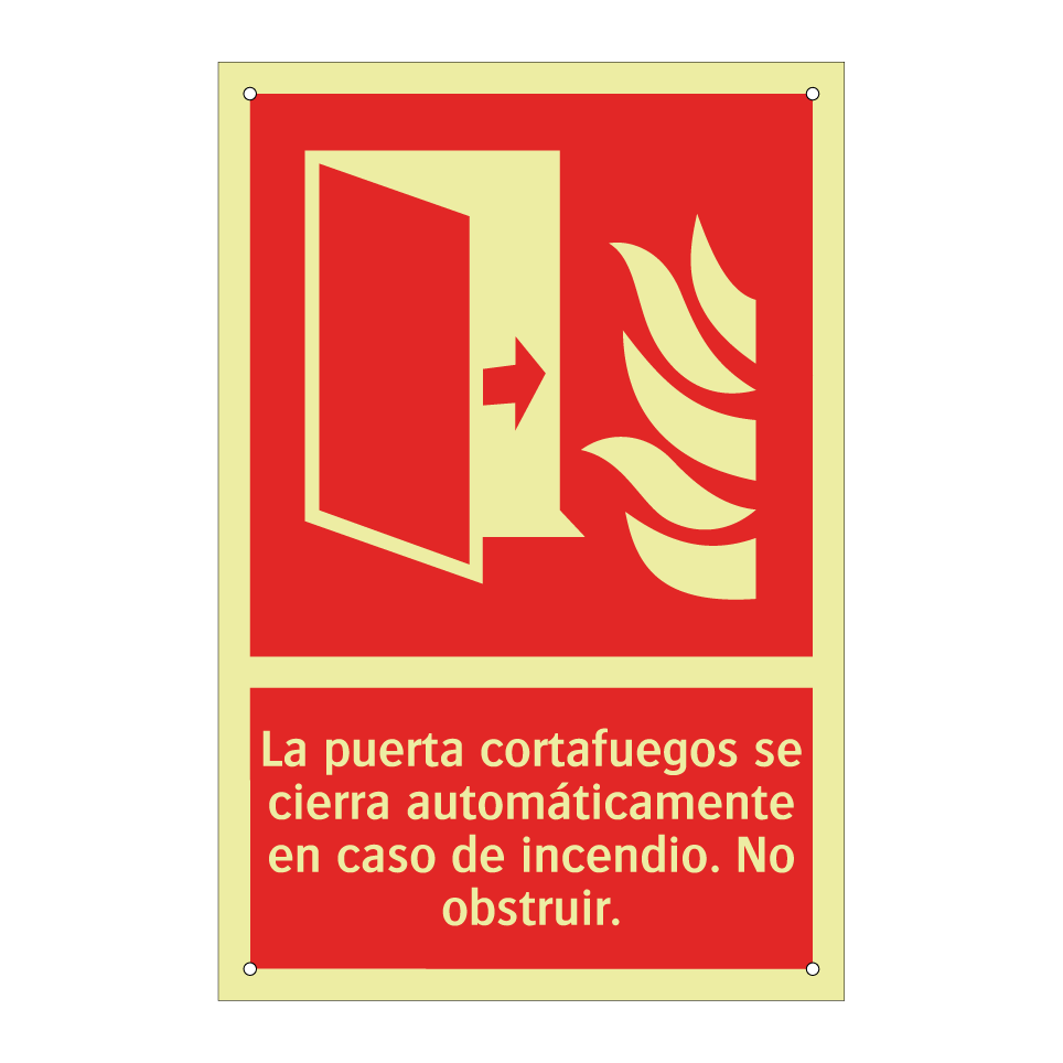 La puerta cortafuegos se cierra automáticamente en caso de incendio. No obstruir.