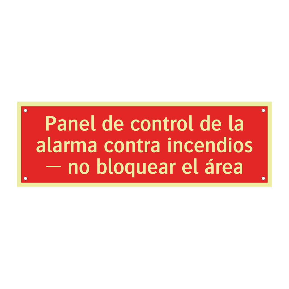 Panel de control de la alarma contra incendios — no bloquear el área