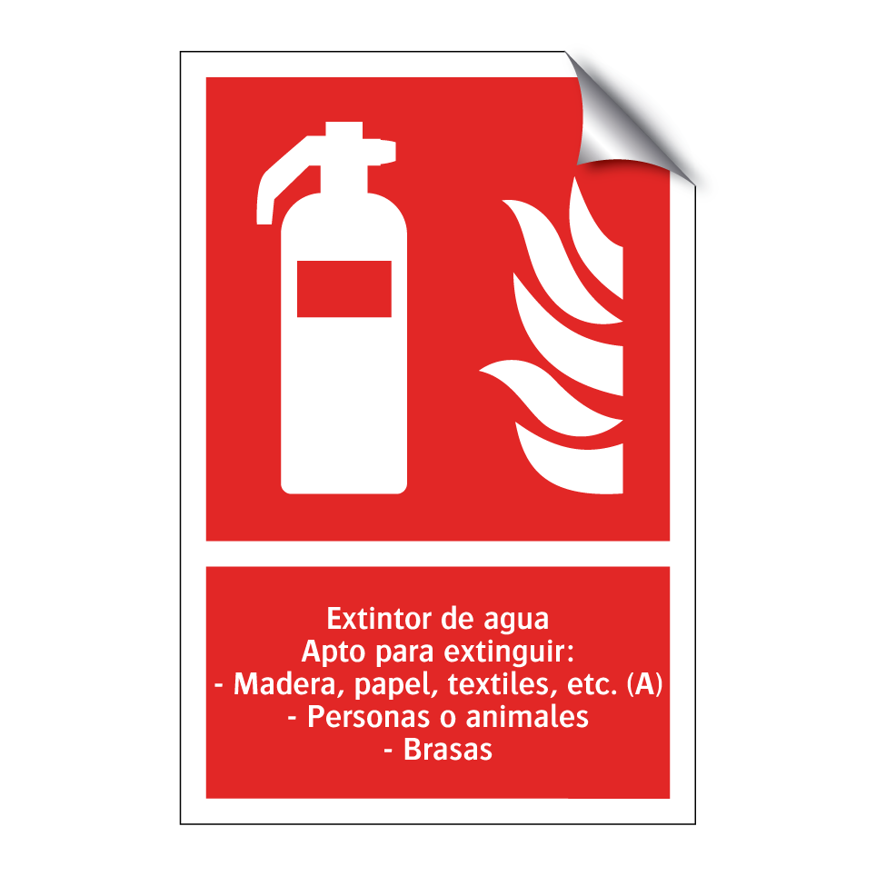 Extintor de agua Apto para extinguir: - Madera, papel, textiles, etc. (A) - Personas o animales - Brasas