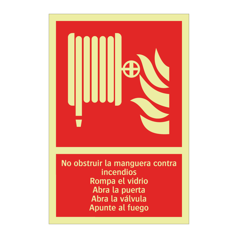 No obstruir la manguera contra incendios Rompa el vidrio Abra la puerta Abra la válvula Apunte al fuego