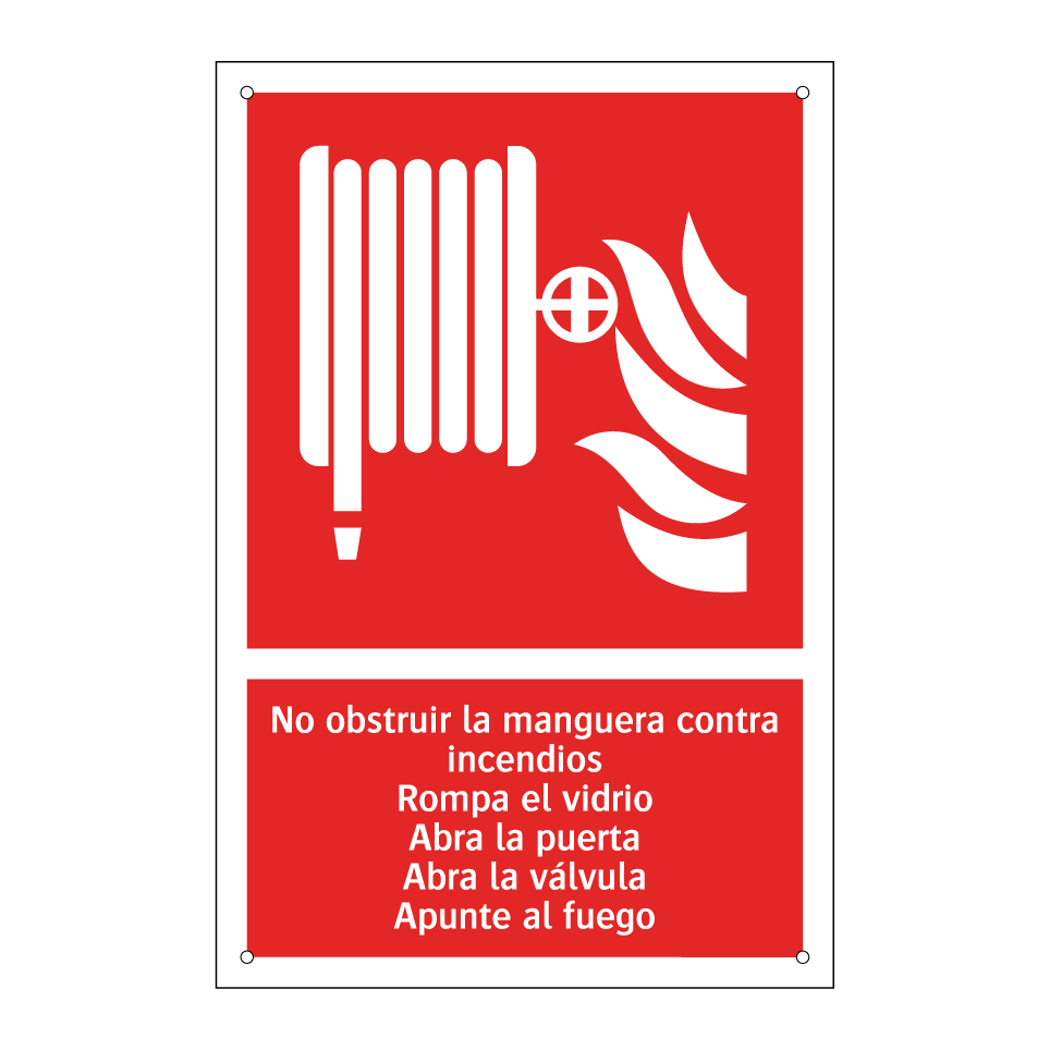 No obstruir la manguera contra incendios Rompa el vidrio Abra la puerta Abra la válvula Apunte al fuego