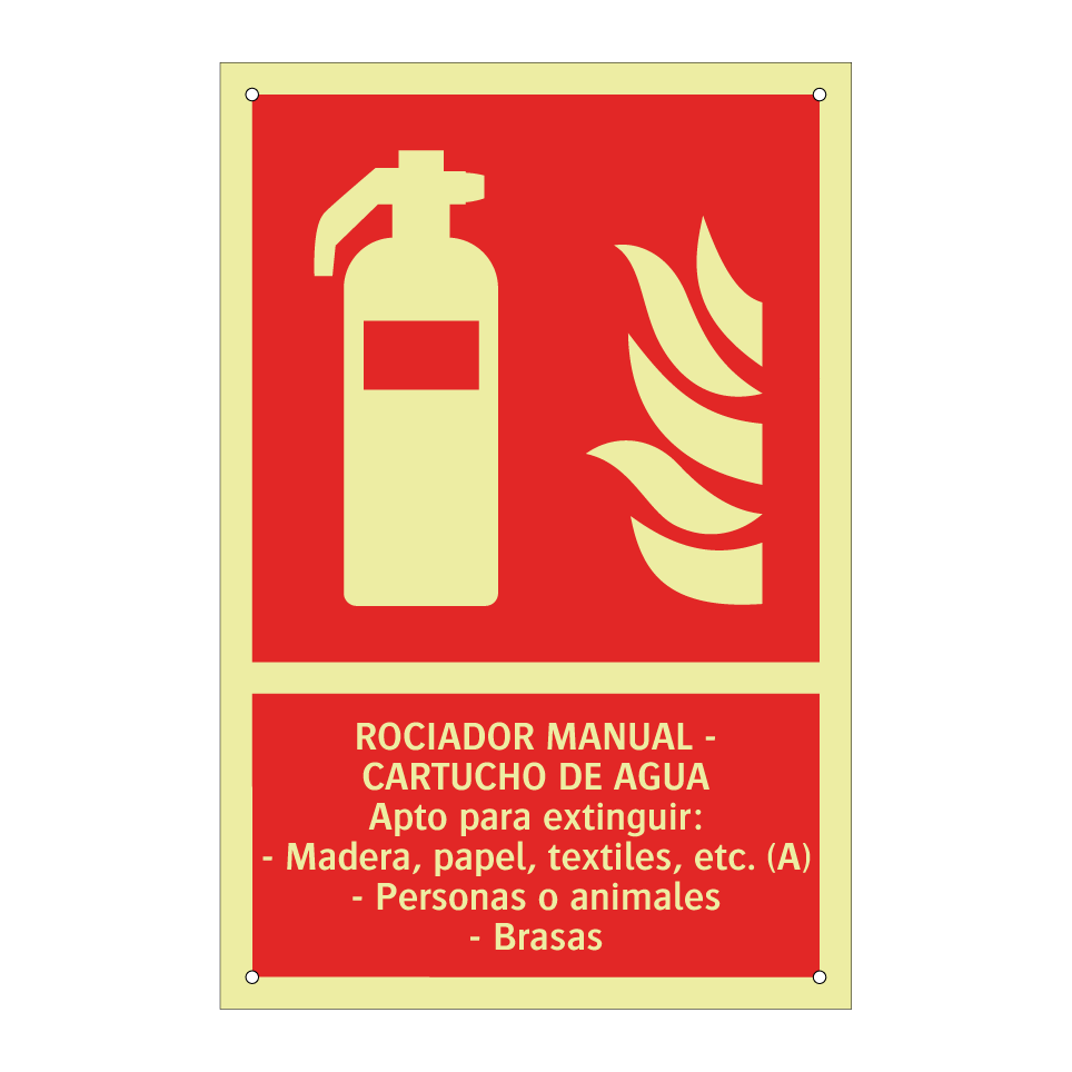 ROCIADOR MANUAL - CARTUCHO DE AGUA Apto para extinguir: - Madera, papel, textiles, etc. (A) - Personas o animales - Brasas
