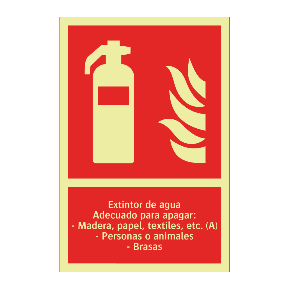 Extintor de agua Adecuado para apagar: - Madera, papel, textiles, etc. (A) - Personas o animales - Brasas