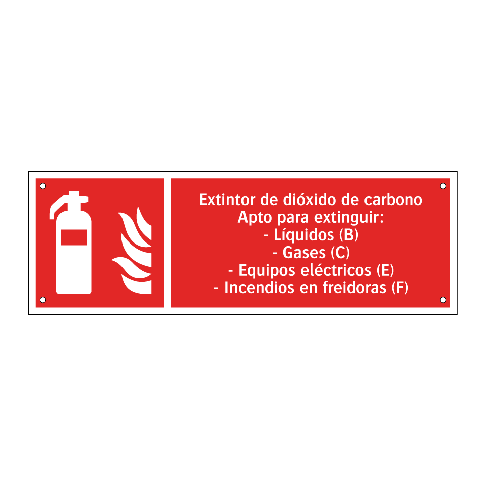 Extintor de dióxido de carbono Apto para extinguir: - Líquidos (B) - Gases (C) - Equipos eléctricos (E) - Incendios en freidoras (F)