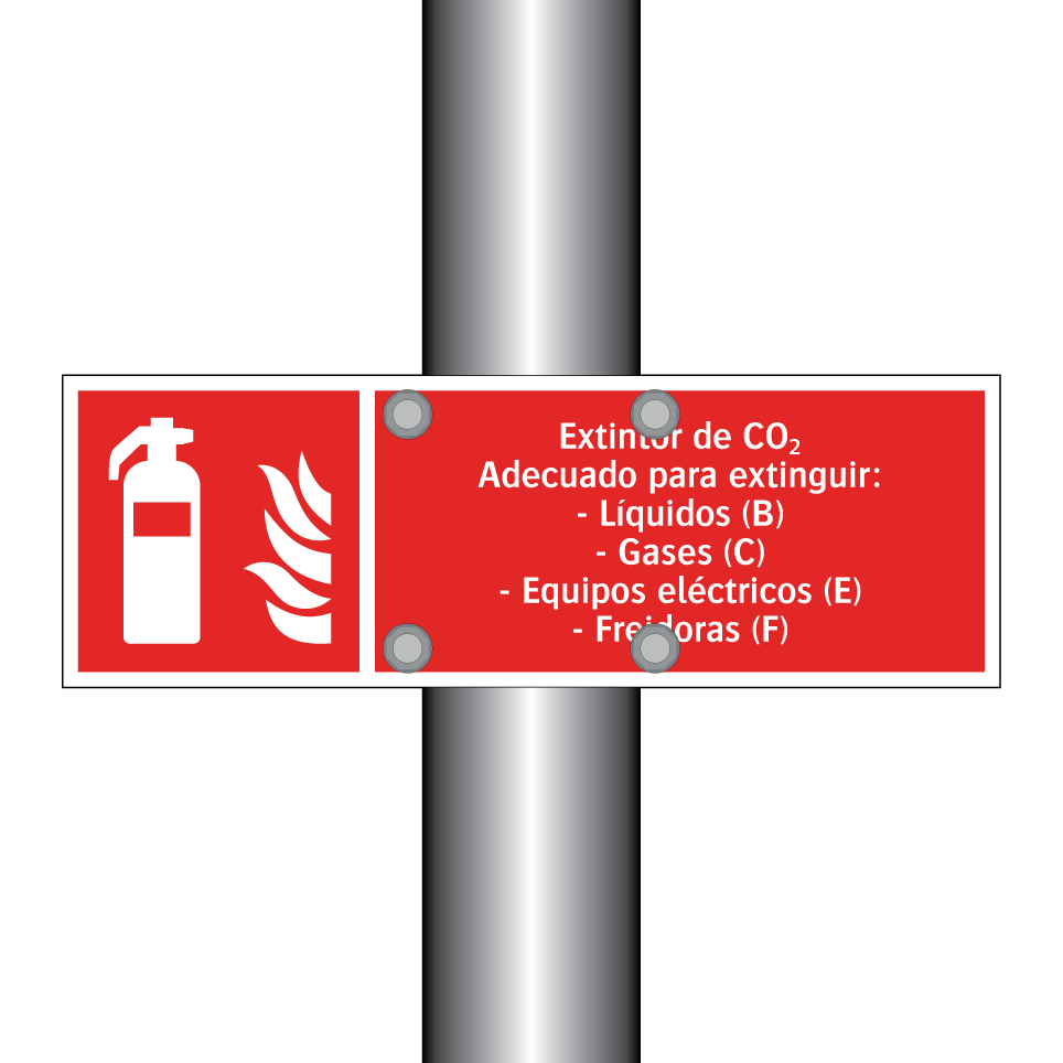 Extintor de CO₂ Adecuado para extinguir: - Líquidos (B) - Gases (C) - Equipos eléctricos (E) - Freidoras (F)