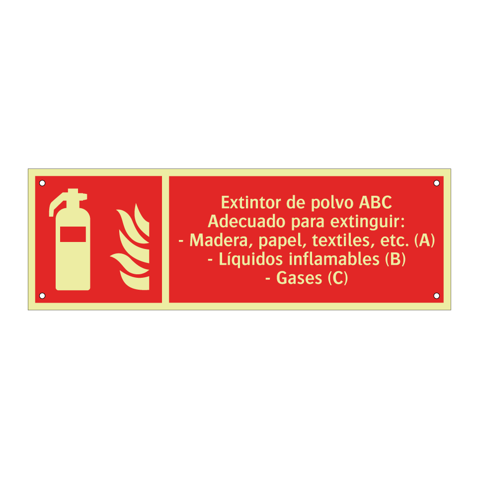 Extintor de polvo ABC Adecuado para extinguir: - Madera, papel, textiles, etc. (A) - Líquidos inflamables (B) - Gases (C)
