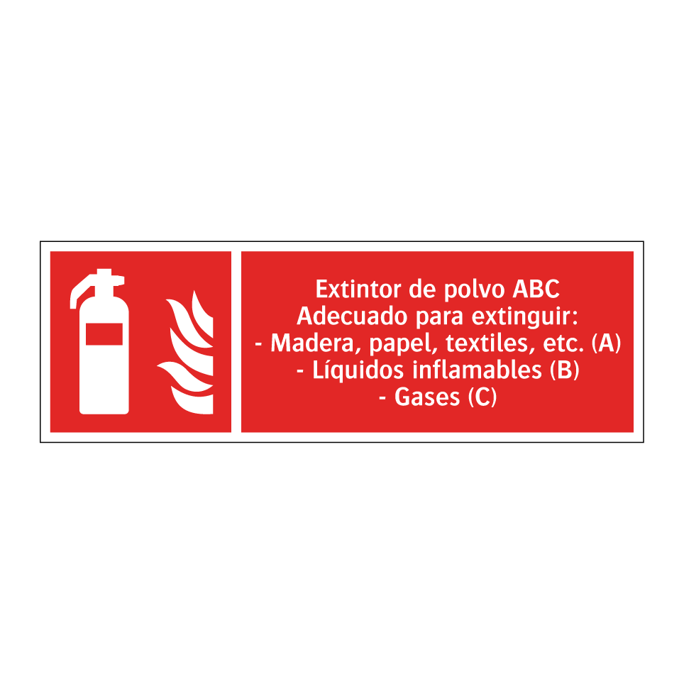 Extintor de polvo ABC Adecuado para extinguir: - Madera, papel, textiles, etc. (A) - Líquidos inflamables (B) - Gases (C)
