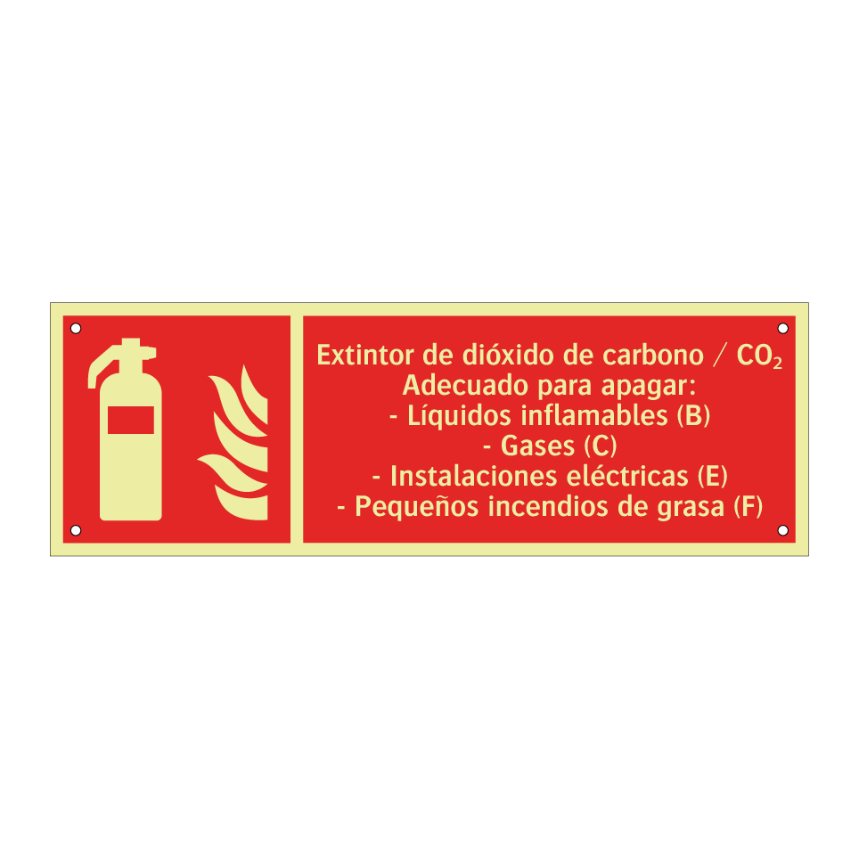 Extintor de dióxido de carbono / CO₂ Adecuado para apagar: - Líquidos inflamables (B) - Gases (C) - Instalaciones eléctricas (E) - Pequeños incendios de grasa (F)