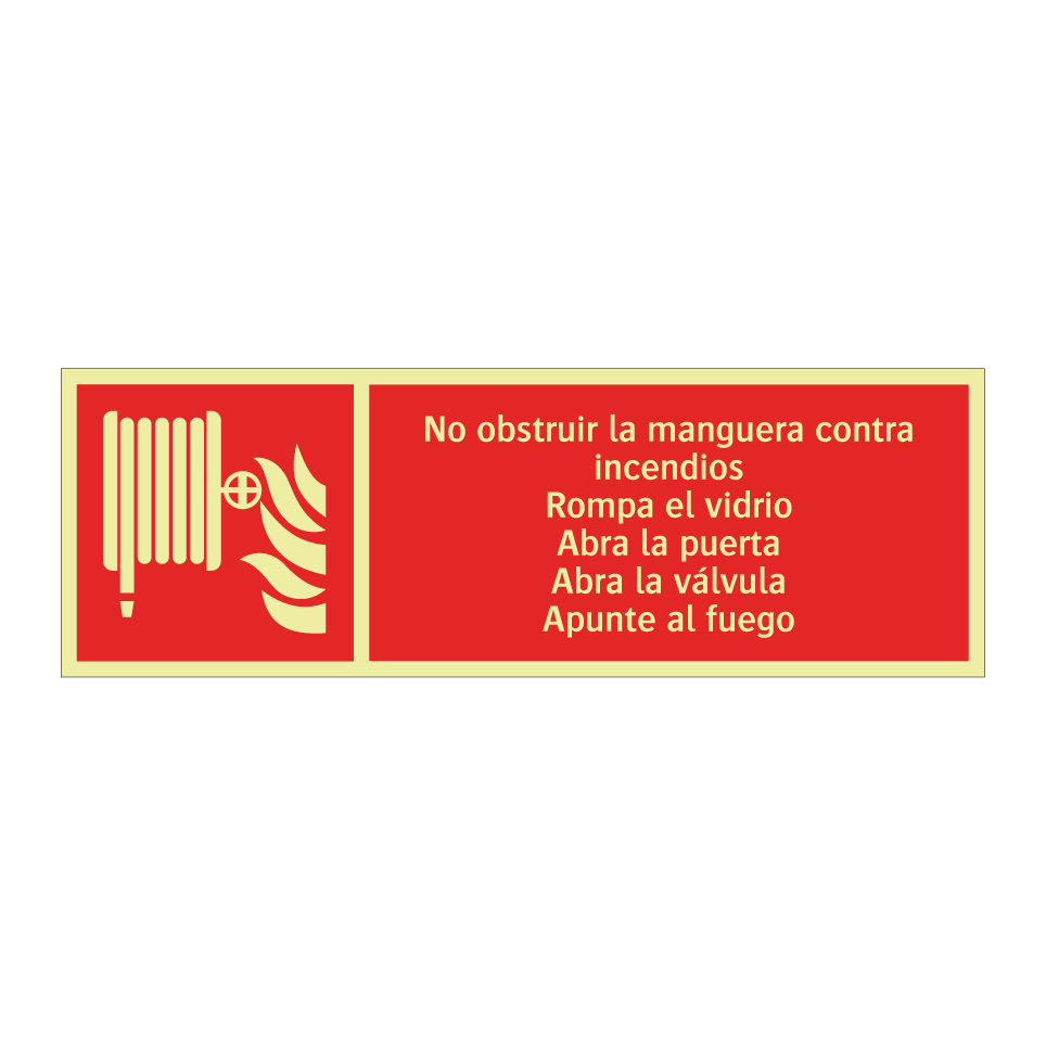 No obstruir la manguera contra incendios Rompa el vidrio Abra la puerta Abra la válvula Apunte al fuego