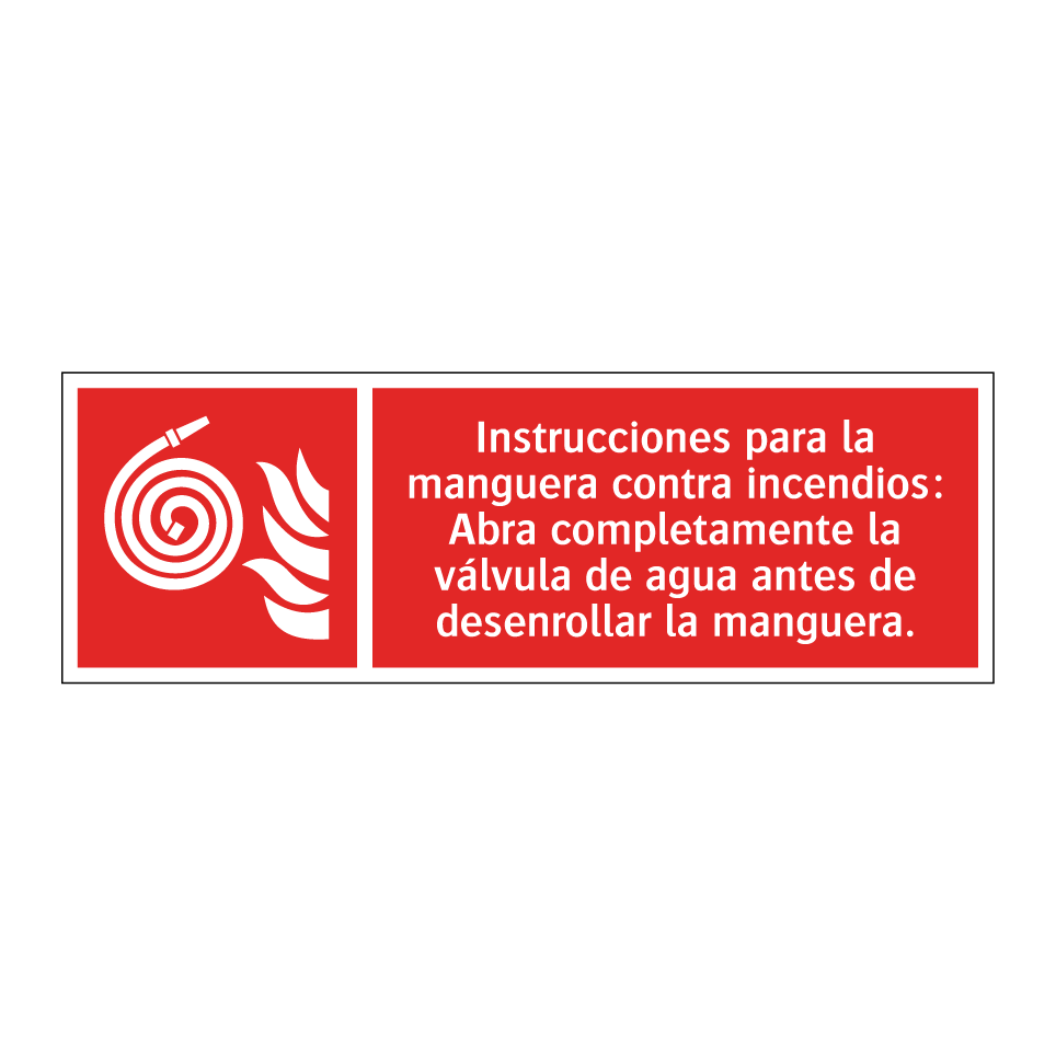 Instrucciones para la manguera contra incendios: Abra completamente la válvula de agua antes de desenrollar la manguera.