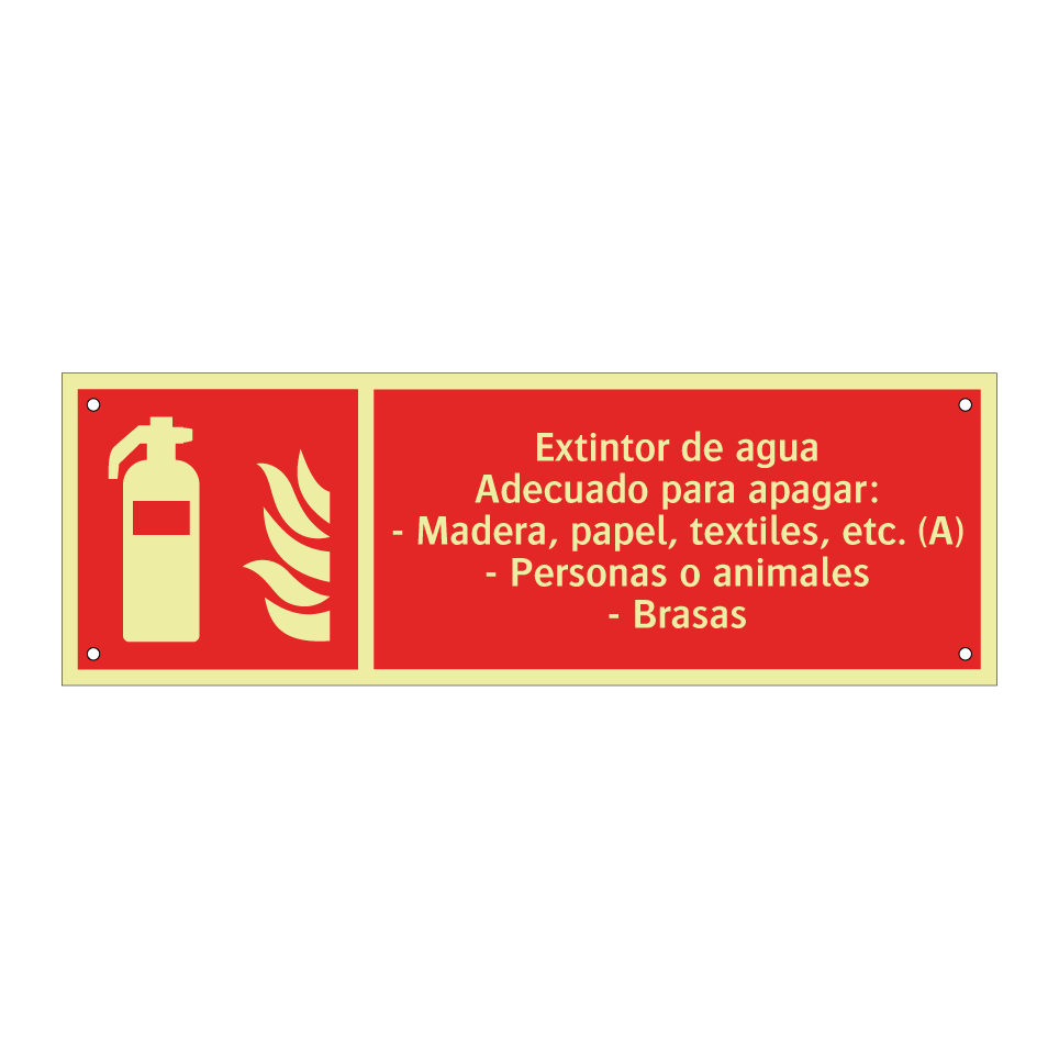 Extintor de agua Adecuado para apagar: - Madera, papel, textiles, etc. (A) - Personas o animales - Brasas