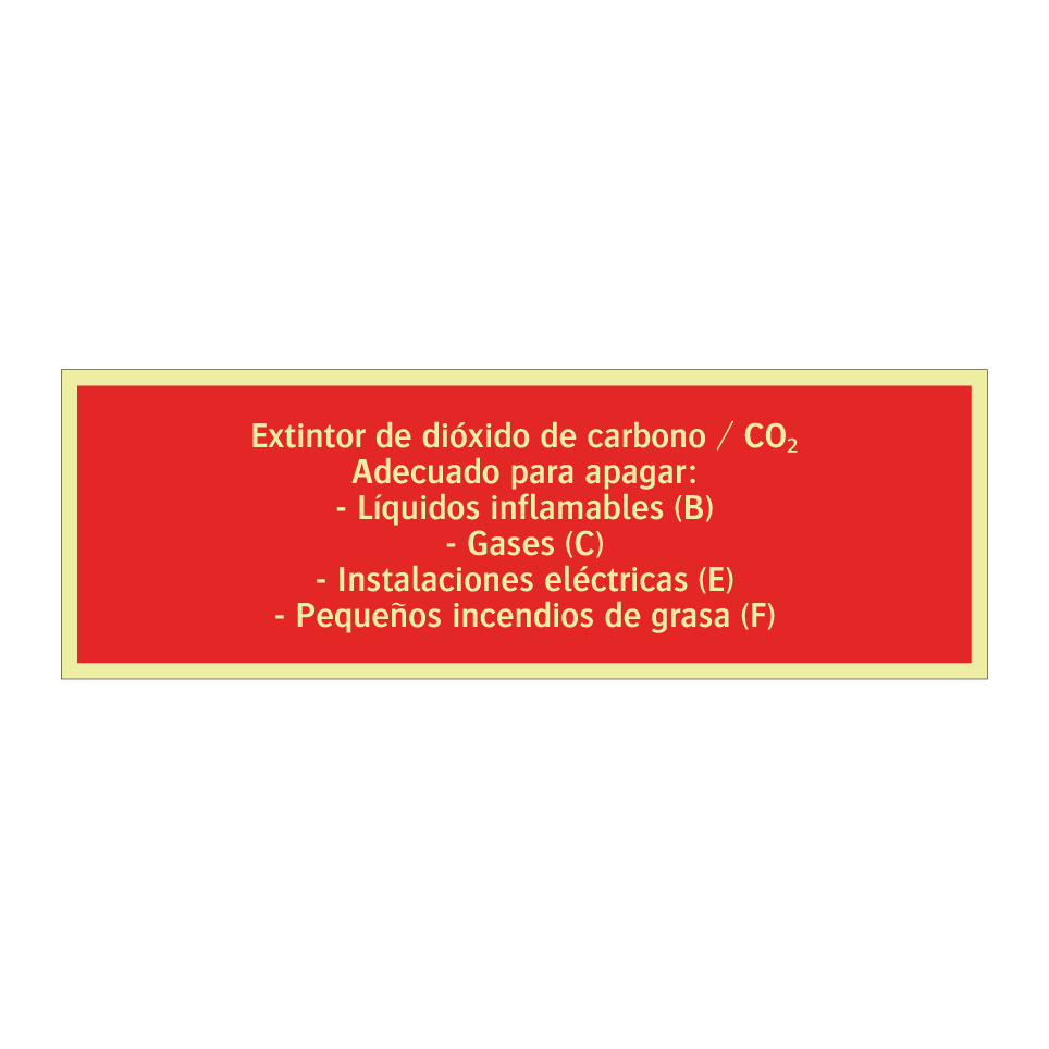 Extintor de dióxido de carbono / CO₂ Adecuado para apagar: - Líquidos inflamables (B) - Gases (C) - Instalaciones eléctricas (E) - Pequeños incendios de grasa (F)