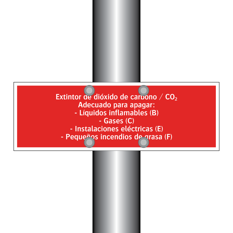 Extintor de dióxido de carbono / CO₂ Adecuado para apagar: - Líquidos inflamables (B) - Gases (C) - Instalaciones eléctricas (E) - Pequeños incendios de grasa (F)