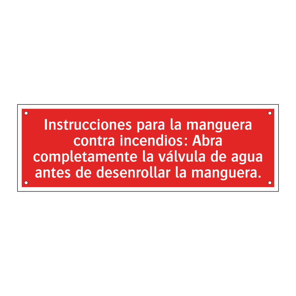 Instrucciones para la manguera contra incendios: Abra completamente la válvula de agua antes de desenrollar la manguera.