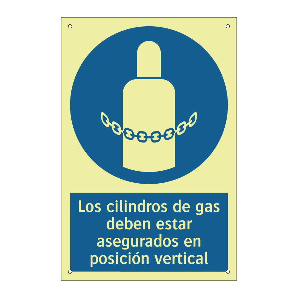 Los cilindros de gas deben estar asegurados en posición vertical