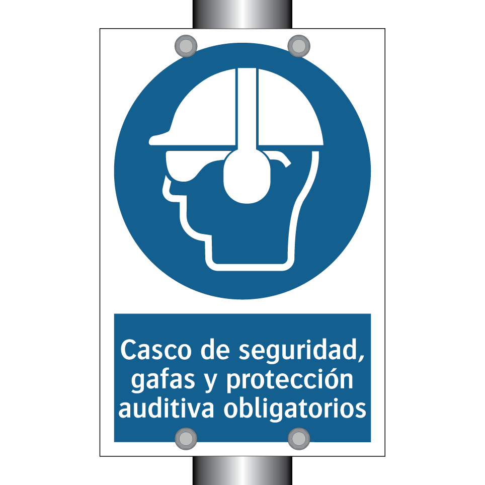 Casco de seguridad, gafas y protección auditiva obligatorios