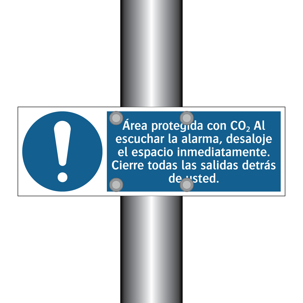 Área protegida con CO₂ Al escuchar la alarma, desaloje el espacio inmediatamente. Cierre todas las salidas detrás de usted.