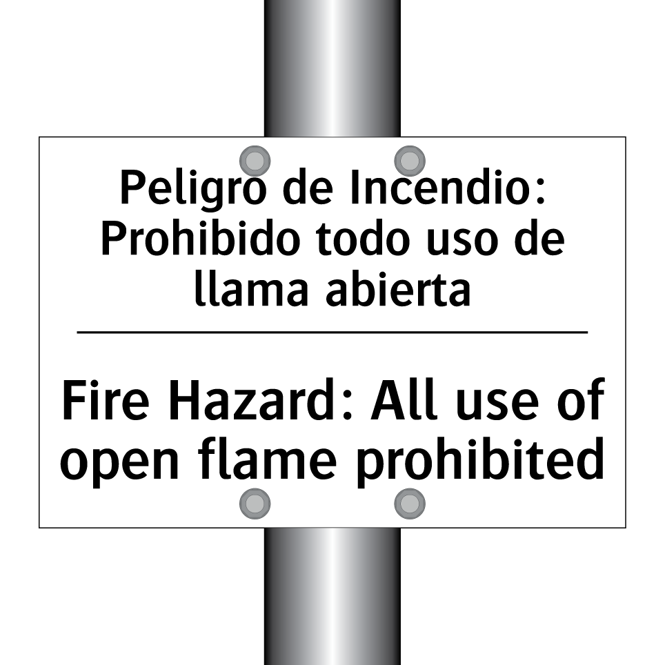Peligro de Incendio: Prohibido todo uso de llama abierta - Fire Hazard: All use of open flame prohibited