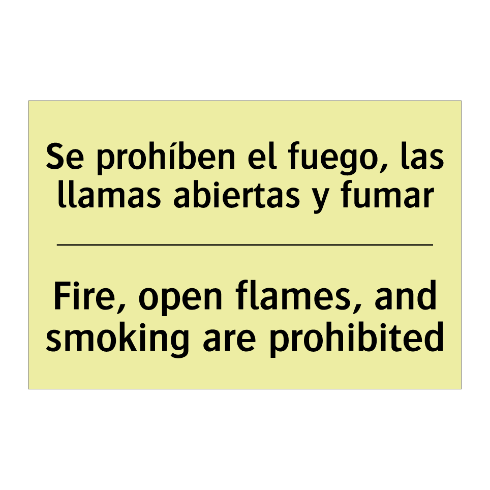 Se prohíben el fuego, las llamas abiertas y fumar - Fire, open flames, and smoking are prohibited