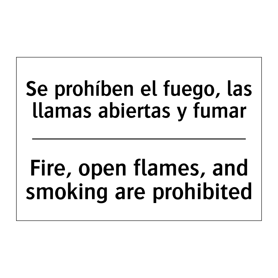 Se prohíben el fuego, las llamas abiertas y fumar - Fire, open flames, and smoking are prohibited