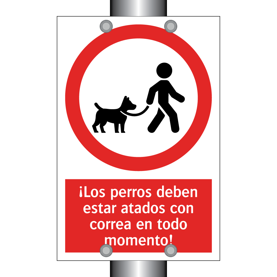 ¡Los perros deben estar atados con correa en todo momento!