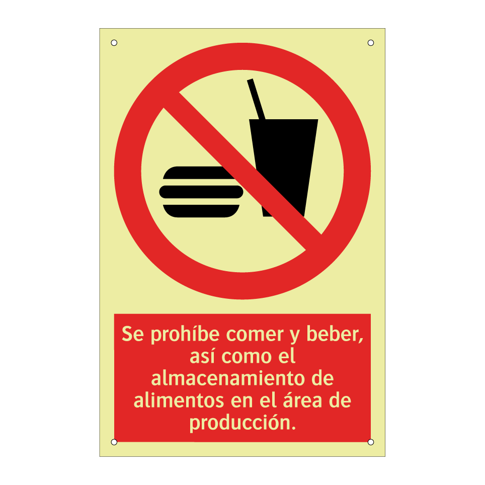 Se prohíbe comer y beber, así como el almacenamiento de alimentos en el área de producción.