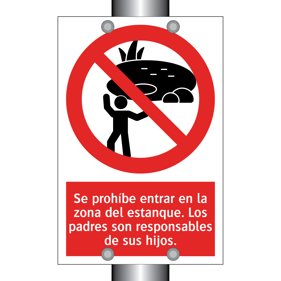 Se prohíbe entrar en la zona del estanque. Los padres son responsables de sus hijos.