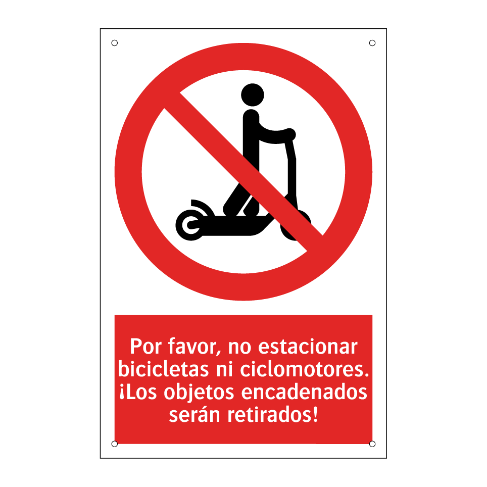 Por favor, no estacionar bicicletas ni ciclomotores. ¡Los objetos encadenados serán retirados!