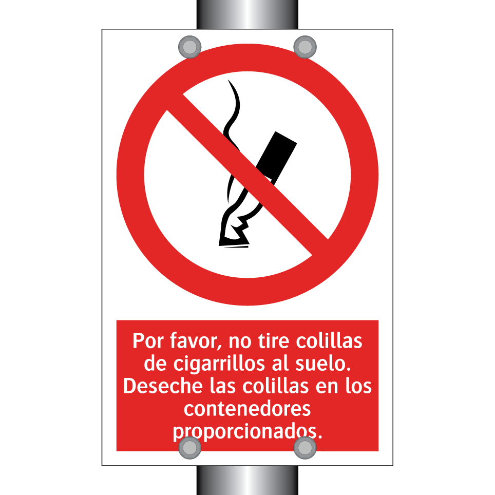 Por favor, no tire colillas de cigarrillos al suelo. Deseche las colillas en los contenedores proporcionados.