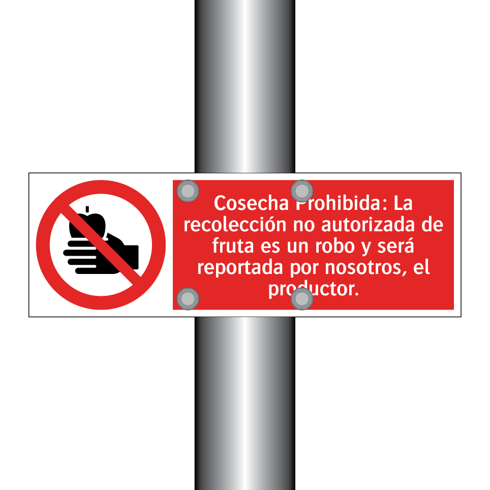 Cosecha Prohibida: La recolección no autorizada de fruta es un robo y será reportada por nosotros, el productor.