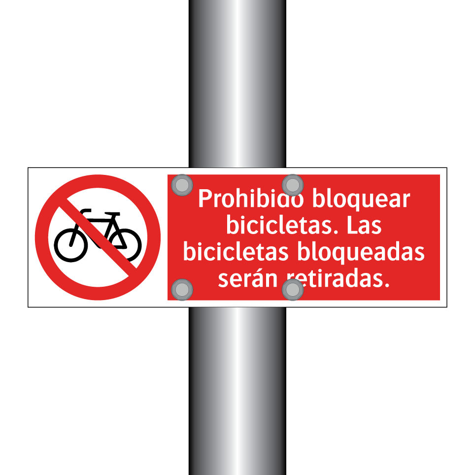 Prohibido bloquear bicicletas. Las bicicletas bloqueadas serán retiradas.