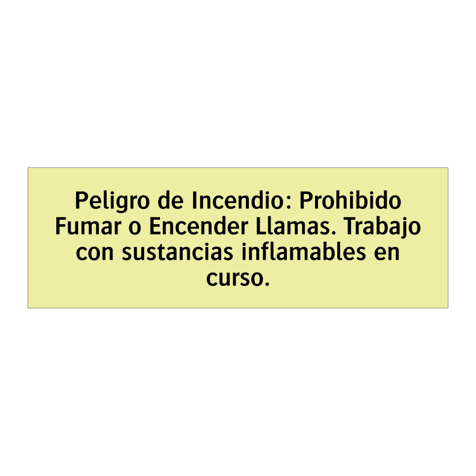 Peligro de Incendio: Prohibido Fumar o Encender Llamas. Trabajo con sustancias inflamables en curso.