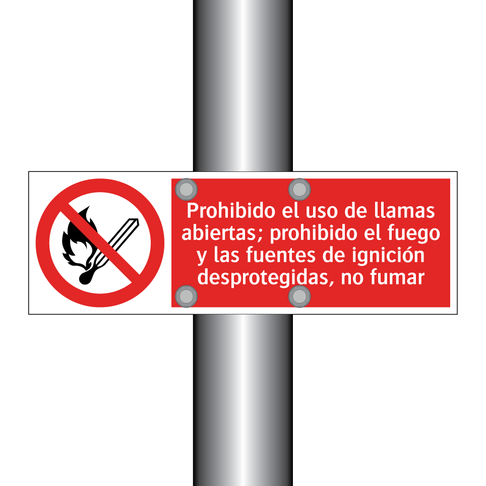 Prohibido el uso de llamas abiertas; prohibido el fuego y las fuentes de ignición desprotegidas, no fumar