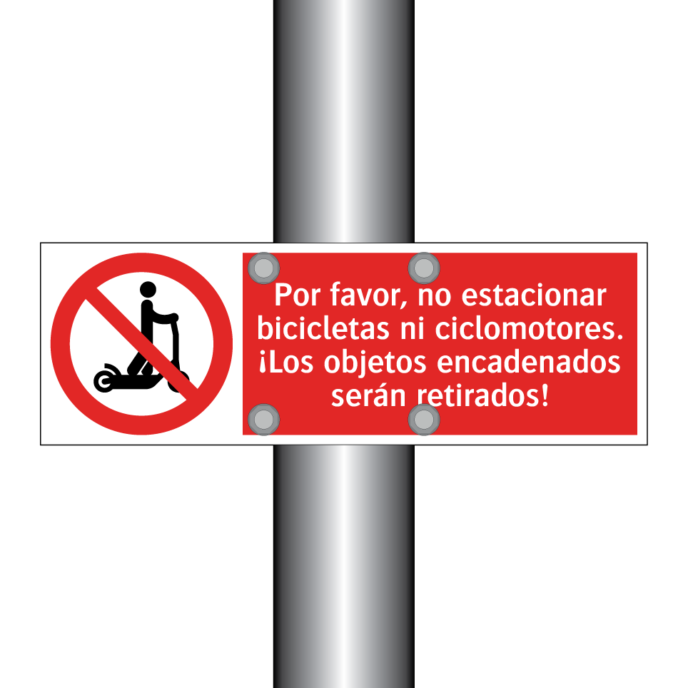 Por favor, no estacionar bicicletas ni ciclomotores. ¡Los objetos encadenados serán retirados!