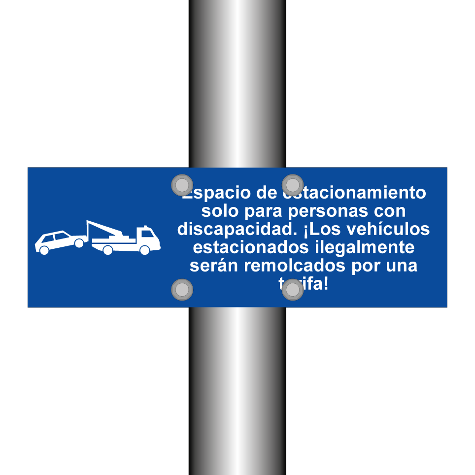 Espacio de estacionamiento solo para personas con discapacidad. ¡Los vehículos estacionados ilegalmente serán remolcados por una tarifa!