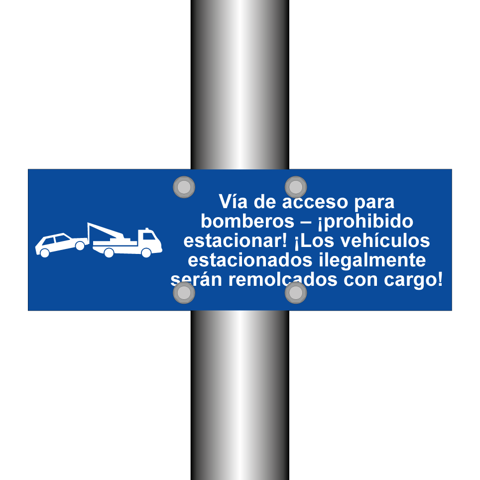 Vía de acceso para bomberos – ¡prohibido estacionar! ¡Los vehículos estacionados ilegalmente serán remolcados con cargo!