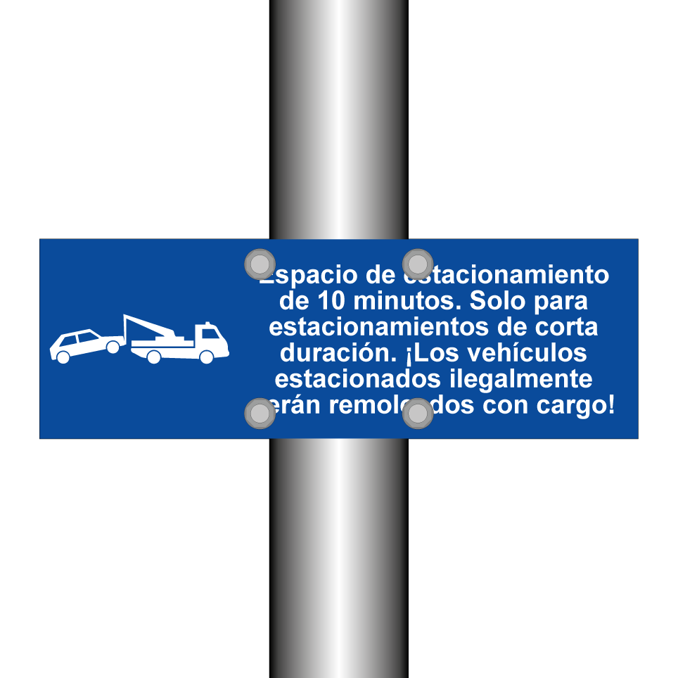 Espacio de estacionamiento de 10 minutos. Solo para estacionamientos de corta duración. ¡Los vehículos estacionados ilegalmente serán remolcados con cargo!