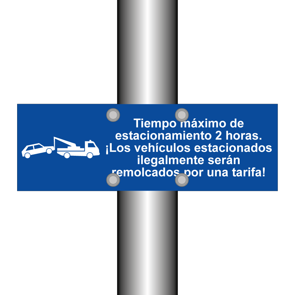 Tiempo máximo de estacionamiento 2 horas. ¡Los vehículos estacionados ilegalmente serán remolcados por una tarifa!