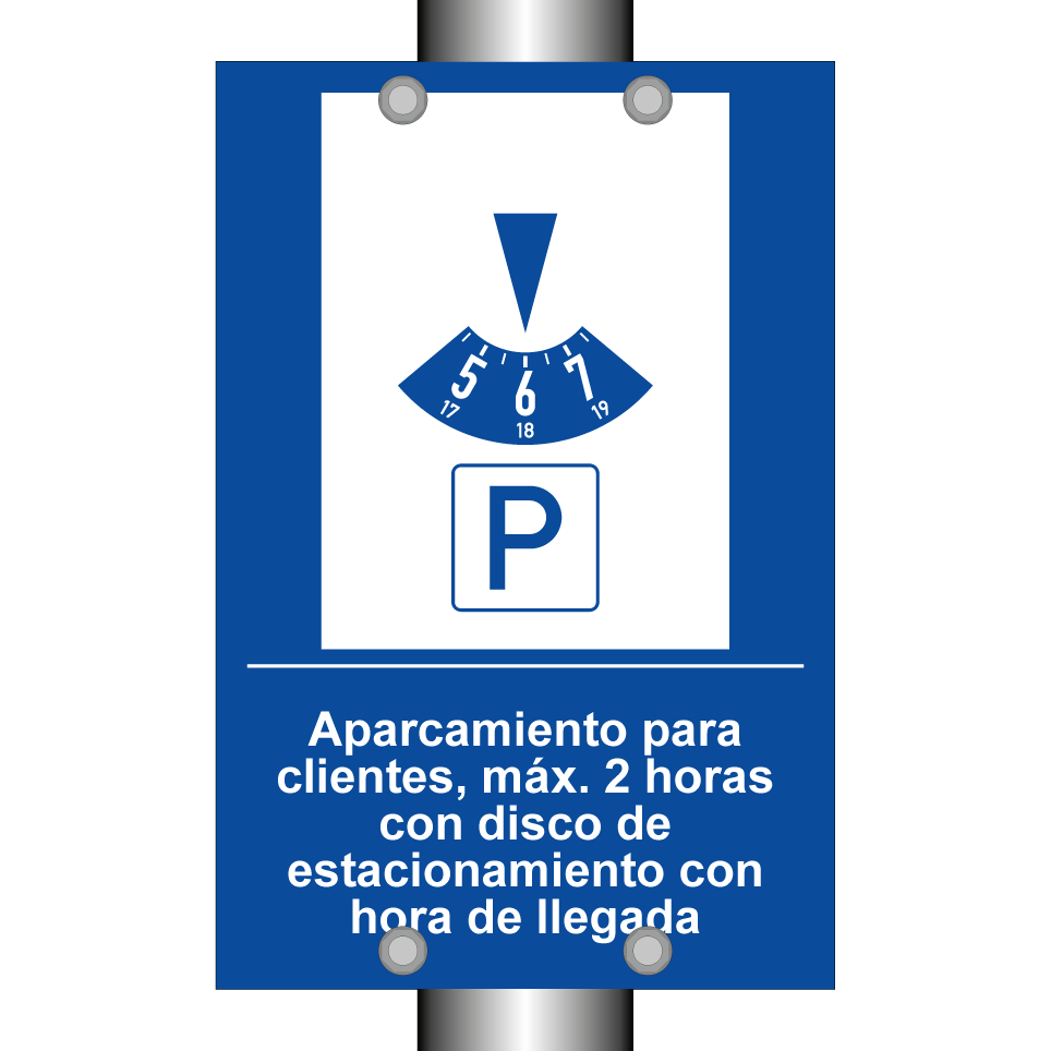 Aparcamiento para clientes, máx. 2 horas con disco de estacionamiento con hora de llegada