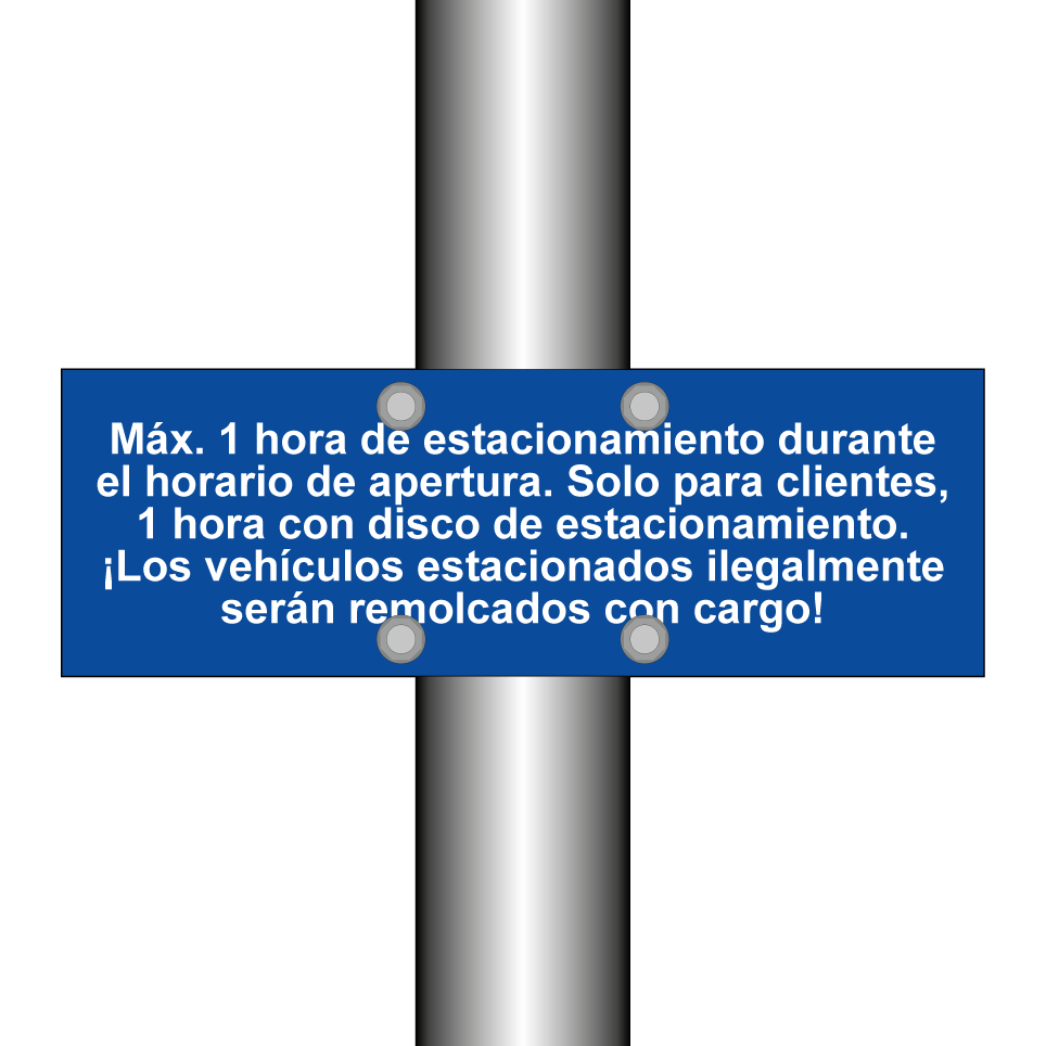 Máx. 1 hora de estacionamiento durante el horario de apertura. Solo para clientes, 1 hora con disco de estacionamiento. ¡Los vehículos estacionados ilegalmente serán remolcados con cargo!