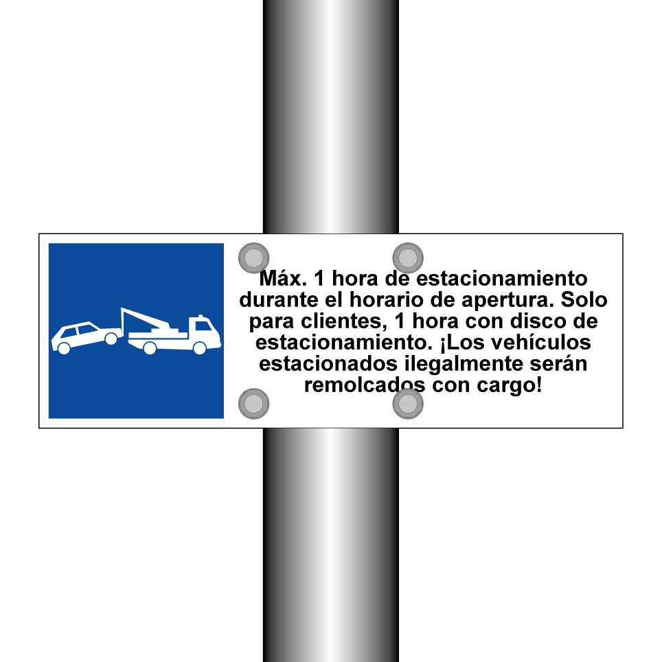 Máx. 1 hora de estacionamiento durante el horario de apertura. Solo para clientes, 1 hora con disco de estacionamiento. ¡Los vehículos estacionados ilegalmente serán remolcados con cargo!