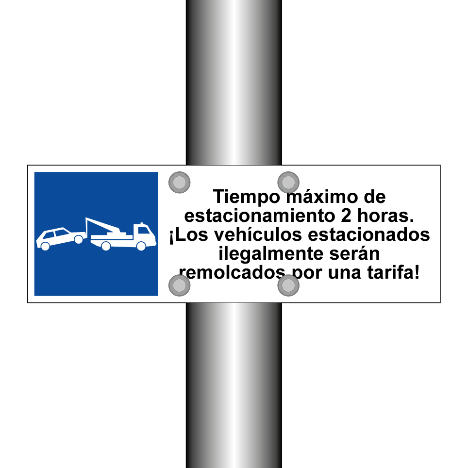 Tiempo máximo de estacionamiento 2 horas. ¡Los vehículos estacionados ilegalmente serán remolcados por una tarifa!