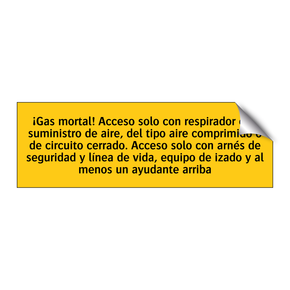 ¡Gas mortal! Acceso solo con respirador con suministro de aire, del tipo aire comprimido o de circuito cerrado. Acceso solo con arnés de seguridad y línea de vida, equipo de izado y al menos un ayudante arriba