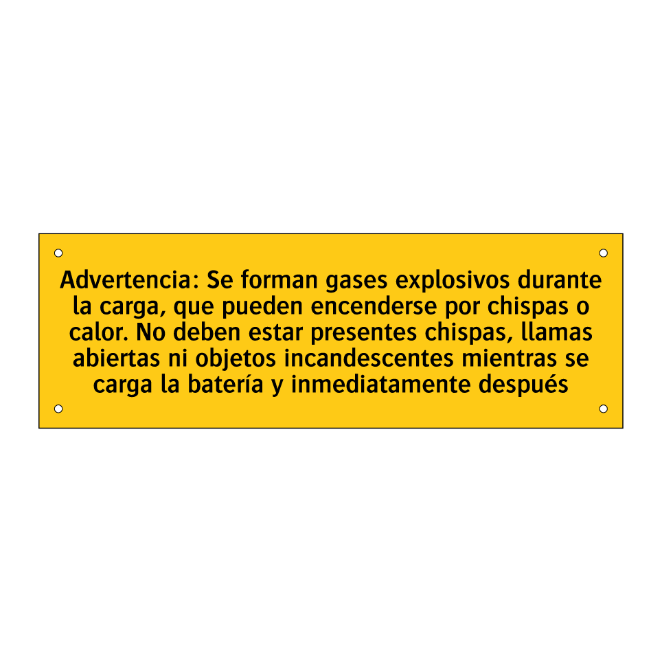 Advertencia: Se forman gases explosivos durante la carga, que pueden encenderse por chispas o calor. No deben estar presentes chispas, llamas abiertas ni objetos incandescentes mientras se carga la batería y inmediatamente después