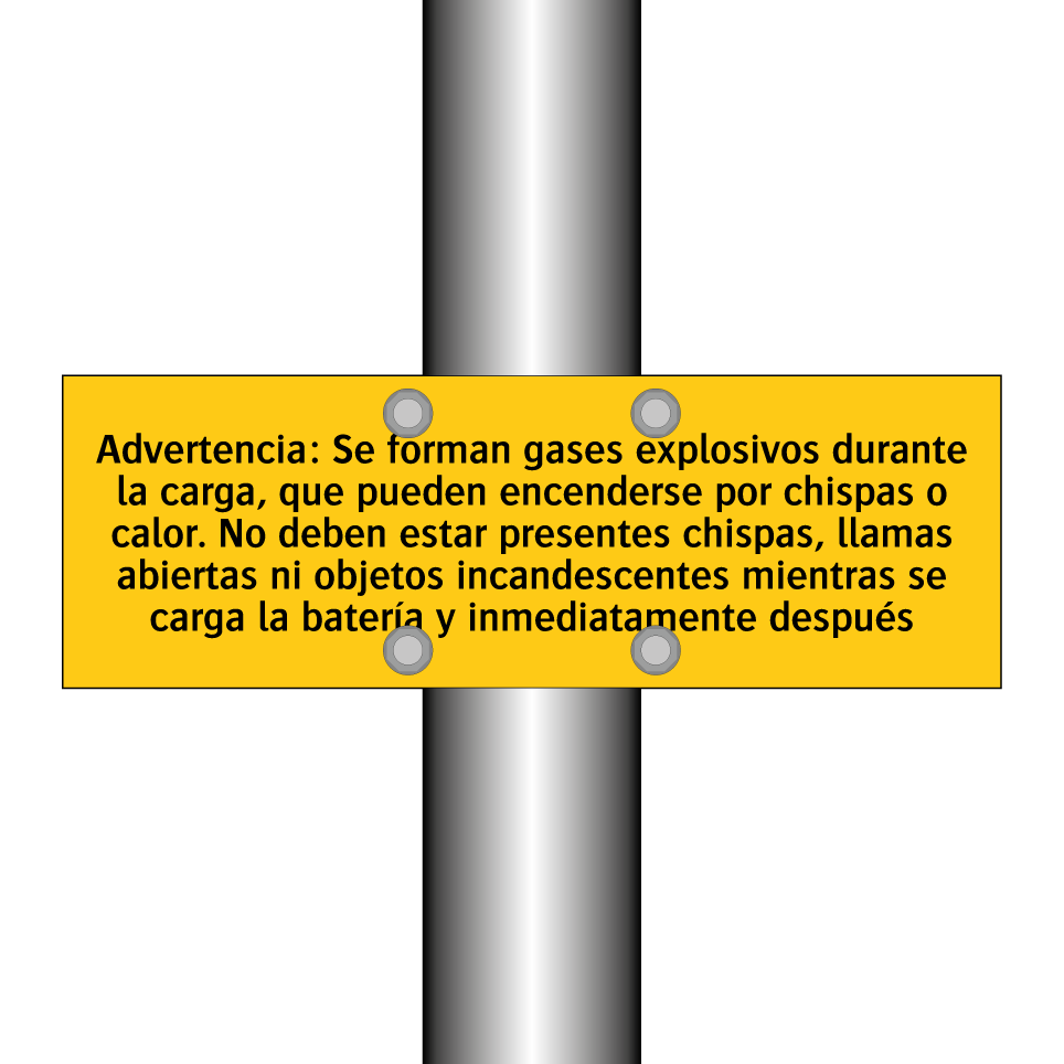 Advertencia: Se forman gases explosivos durante la carga, que pueden encenderse por chispas o calor. No deben estar presentes chispas, llamas abiertas ni objetos incandescentes mientras se carga la batería y inmediatamente después